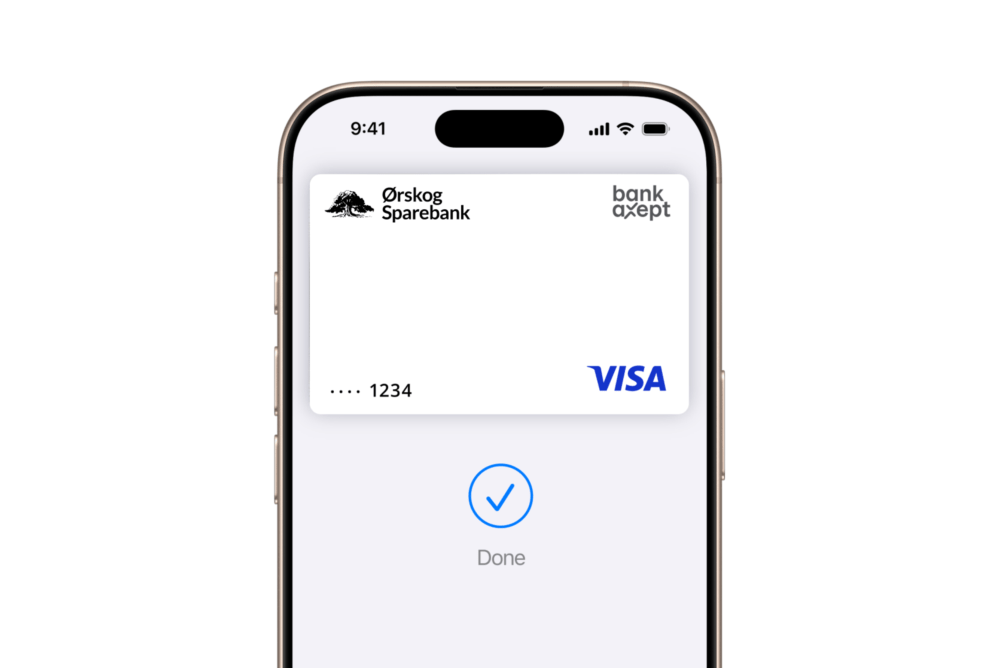 IPhone viser et digitalt betalingskort med bekreftelse 'Done'.